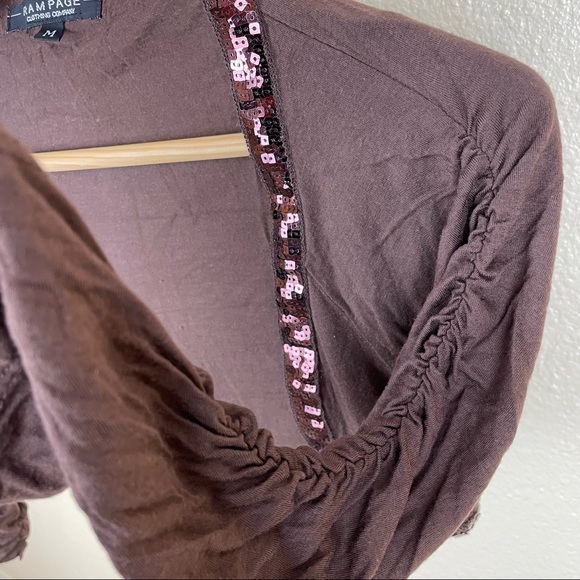 Rampage | Vintage Y2K Sequin Brown Rouched 3/4 Sleeve Crop Bolero Shrug Cardigan - Picture 4 of 8